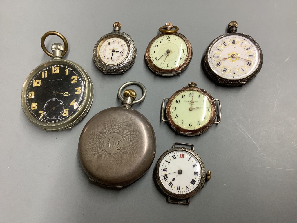 Two pocket watches including a 935 standard hunter, three white metal fob watches and two wrist watches.